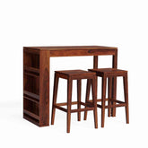 Maurice Solid Sheesham Wood Bar Cabinet With 2 Stools (Natural Finish)